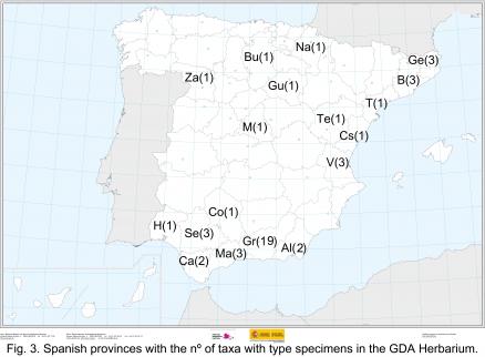 Fig. 3. Nº de taxones con tipos despositados en GDA por provincias españolas.